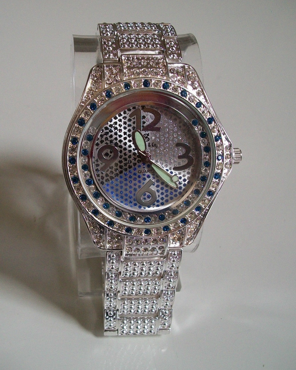 Men’s blue & clear stone silver finish fashion dressy casual hip hop watch