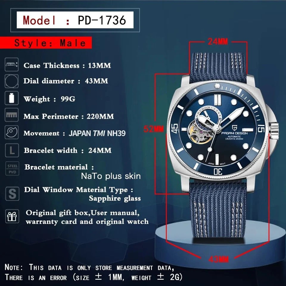Pagani Design PD-1736 Black Skeleton Rubber Automatic Men’s Watch