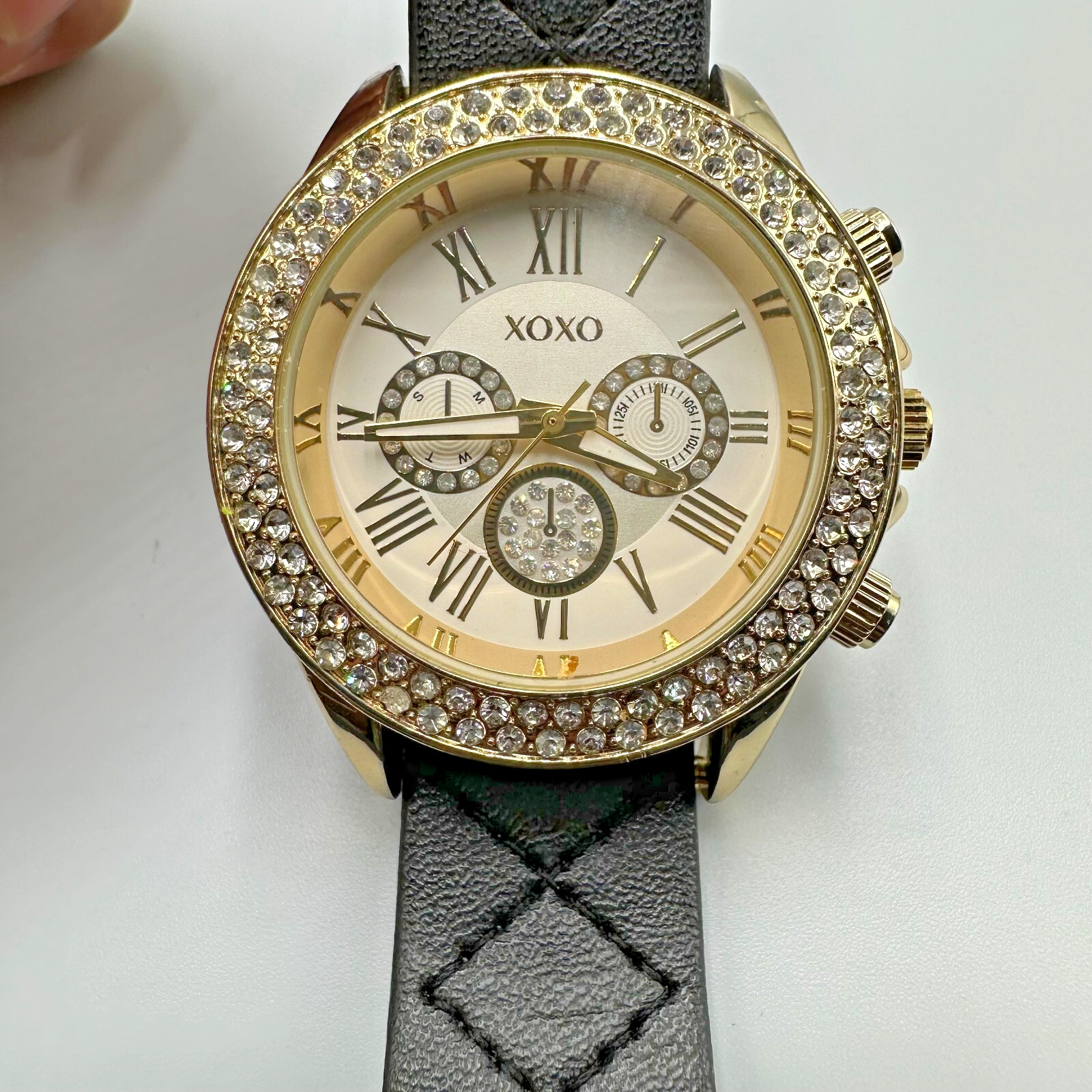 XOXO Watch Women Gold Tone Black Quilted Faux Leather Band New Battery 9″