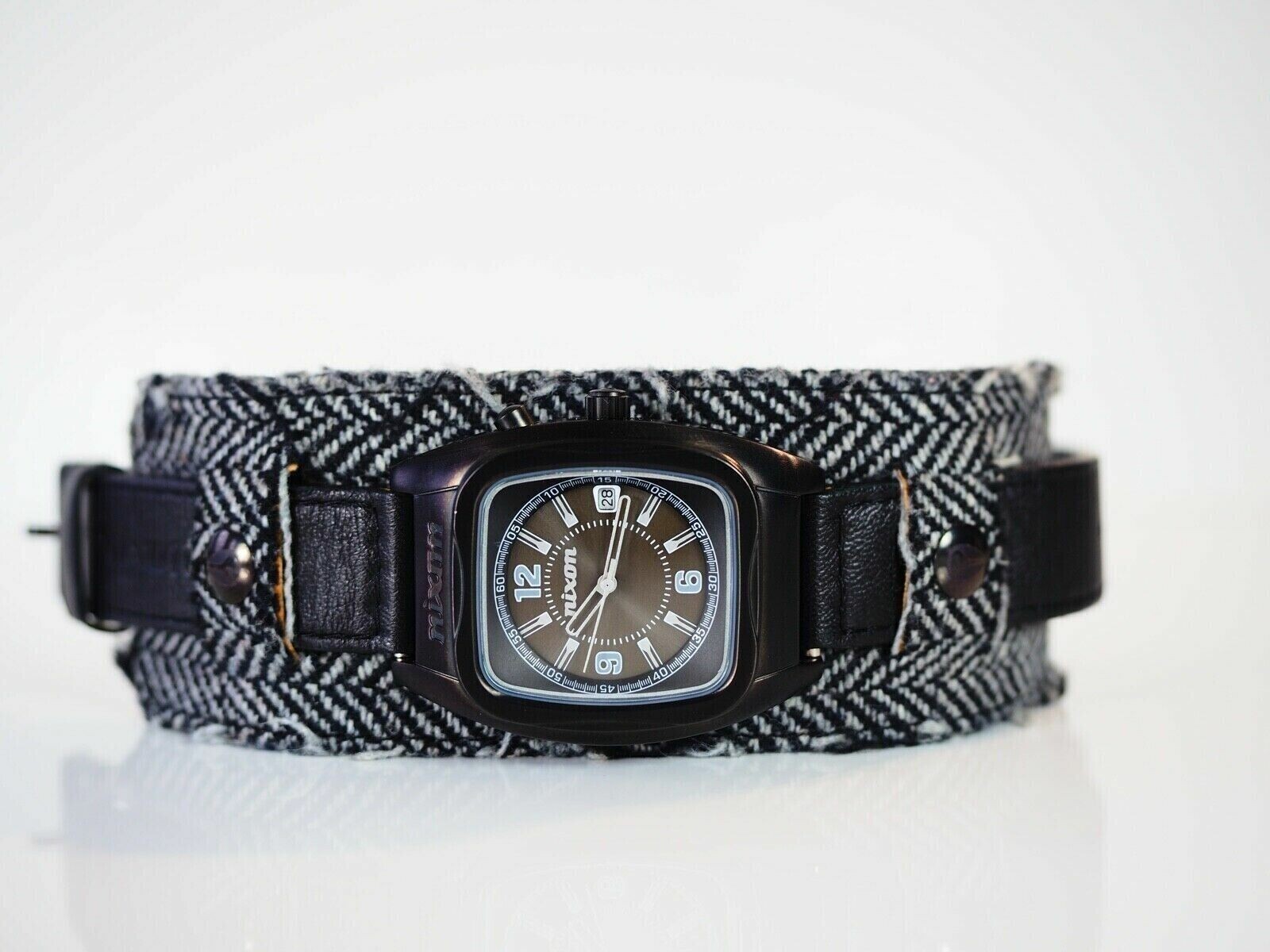 Nixon The Rocker Watch with Double Wide Leather Herringbone Strap Cuff NWOT