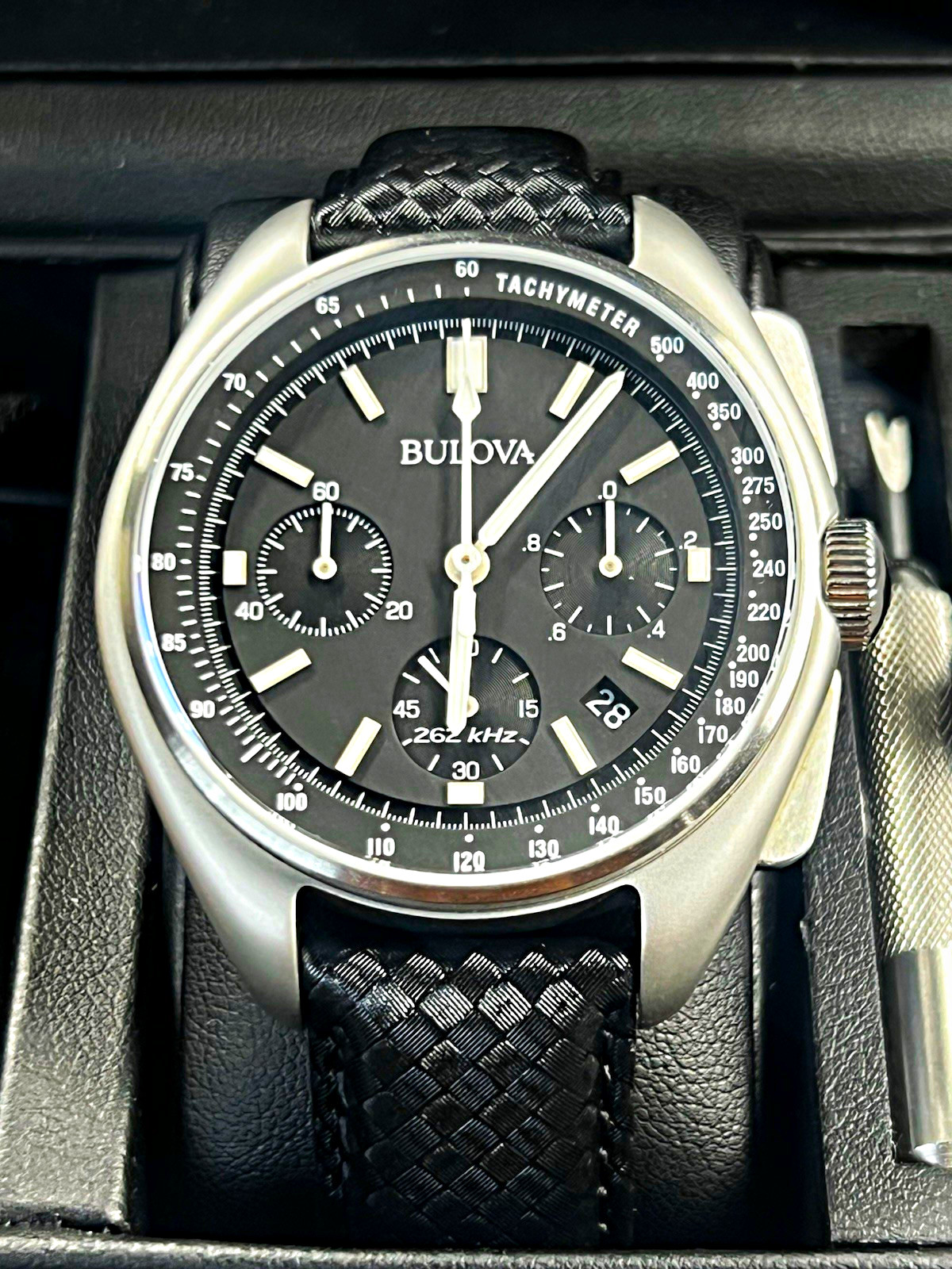 Bulova Lunar Pilot 45mm Chronograph Black Dial Tachymeter 2 straps set