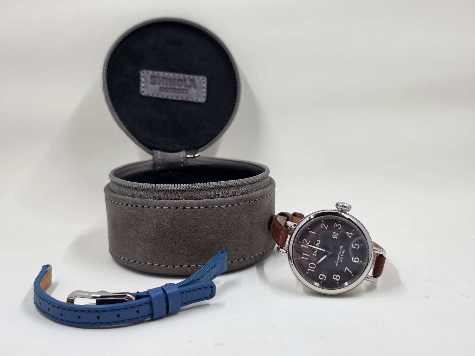 Shinola Birdy 34 mm Argonite 775 Watch w/8mm brown & blue Leather Strap & case
