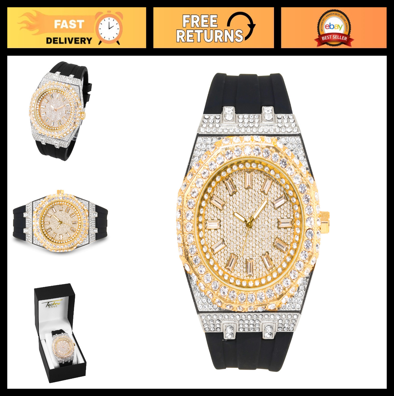 Men’s 43mm Octagonal Dial Iced Out Watch, Silicone Band, Baguette Style
