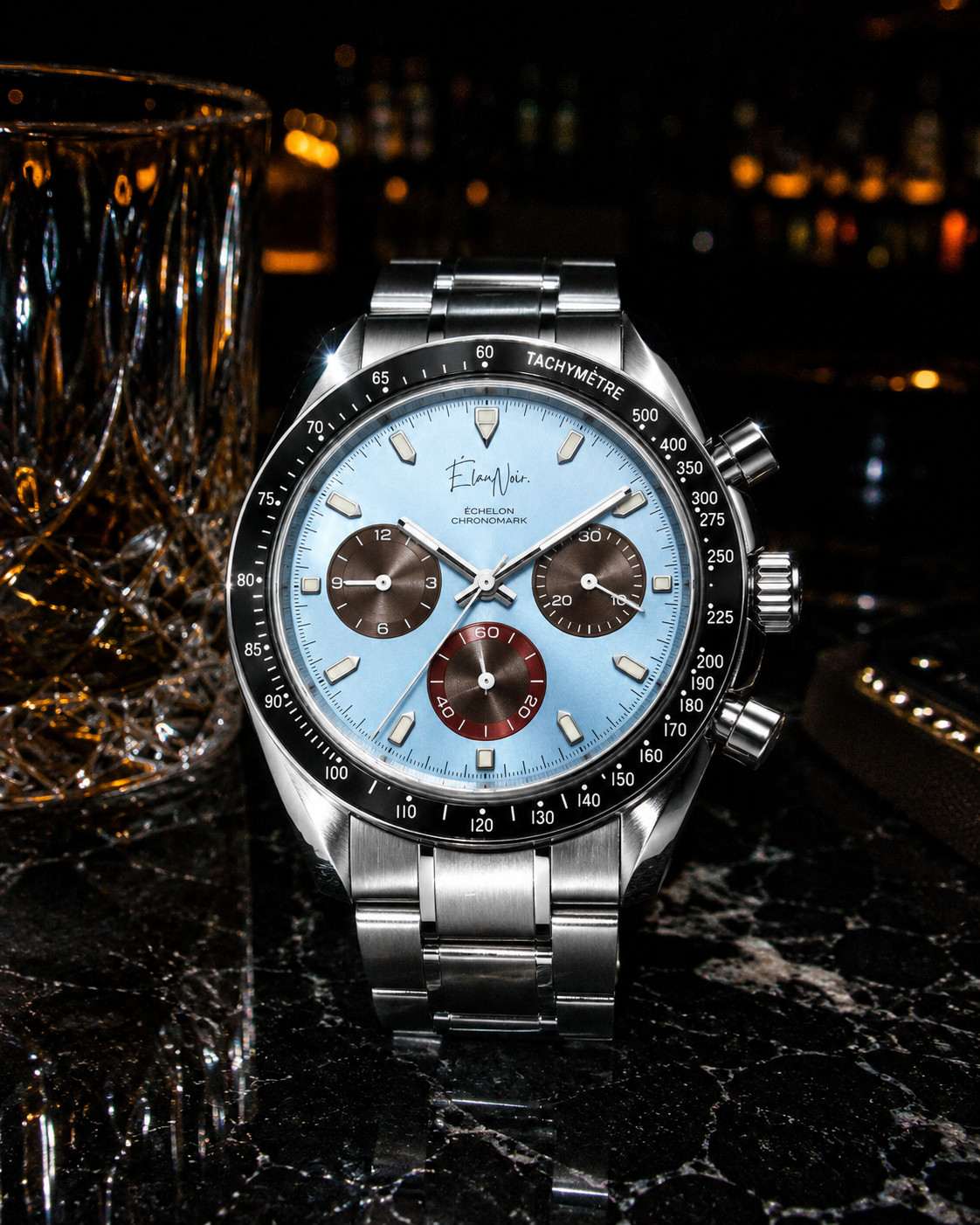 Élan Noir Chronograph Watch VK63 Light Blue Sapphire Crystal Steel 40mm