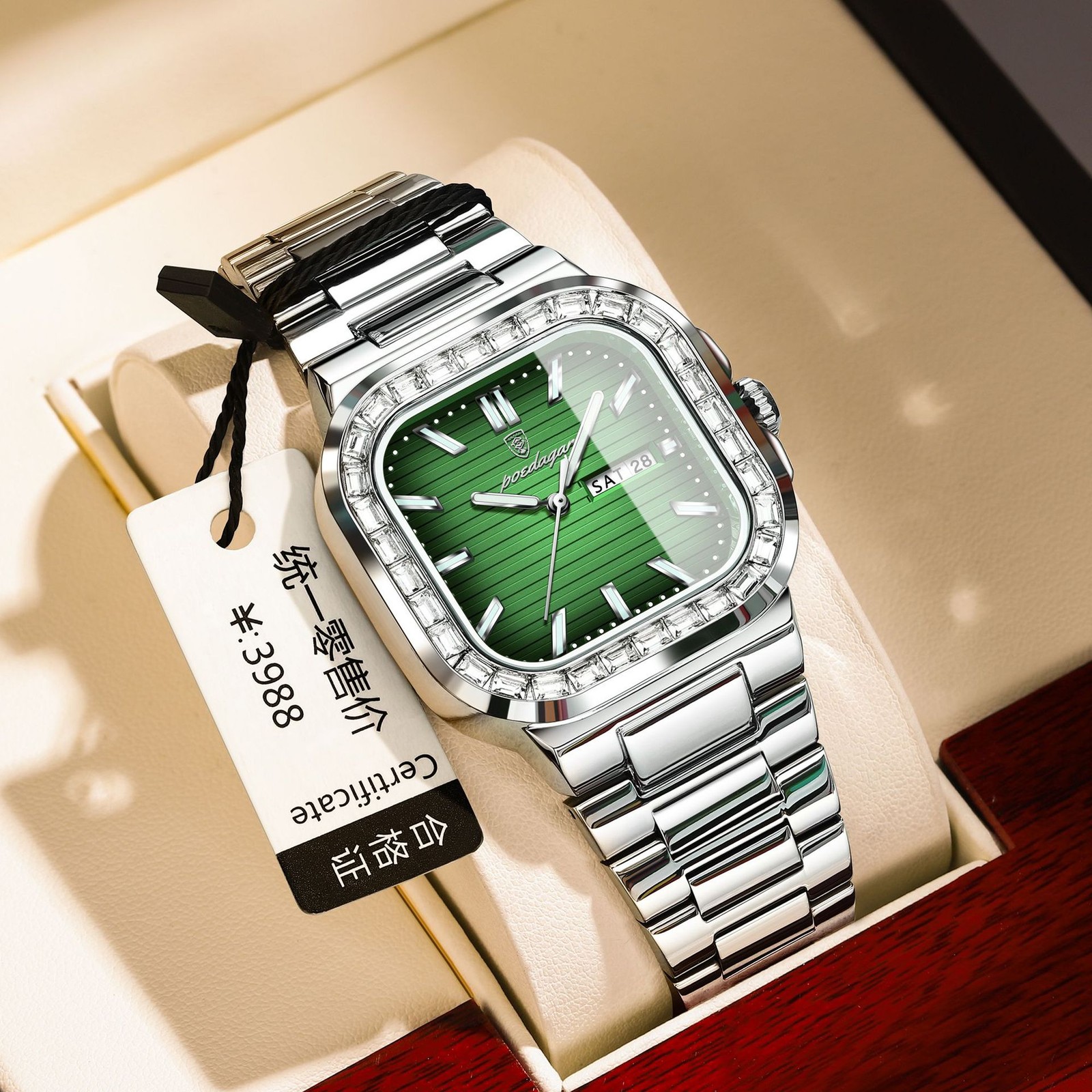 POEDAGAR Men Business Watch Stainless Steel Day Date Luminous Waterproof Quartz