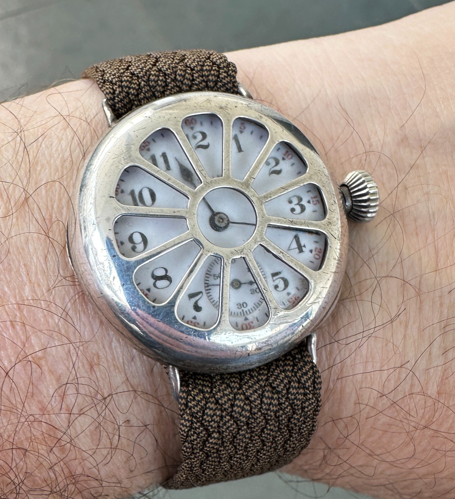 ELGIN WW1 MILITARY WRISTWATCH w/SHRAPNEL GUARD — STERLING SILVER