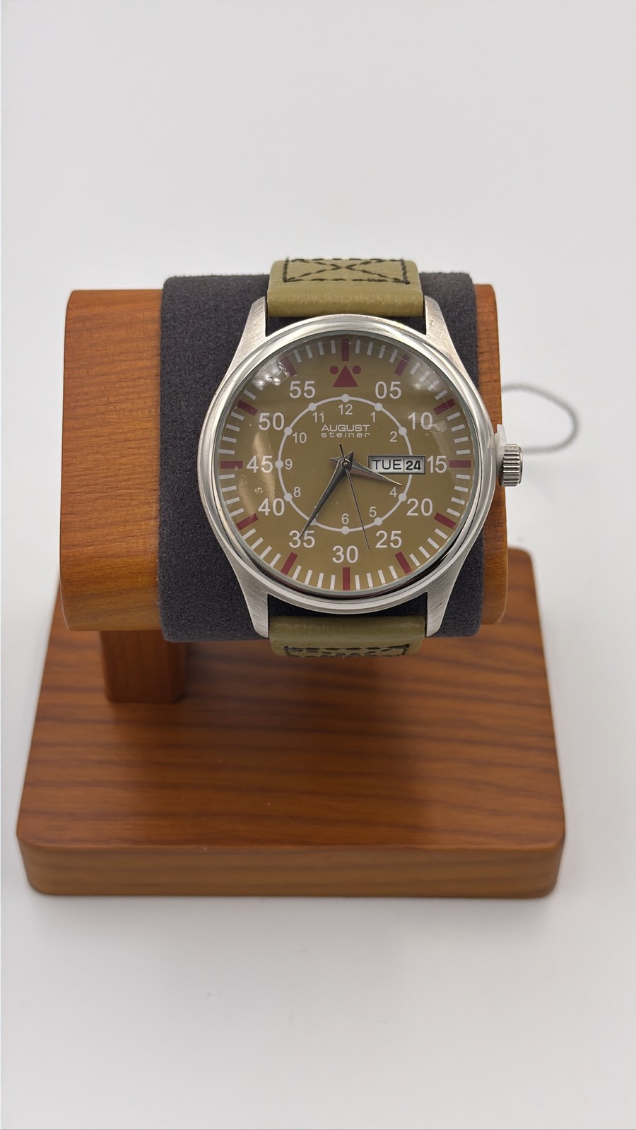 August Steiner Men’s Pilot Style Watch Day Date Tan Leather Strap 41.5mm