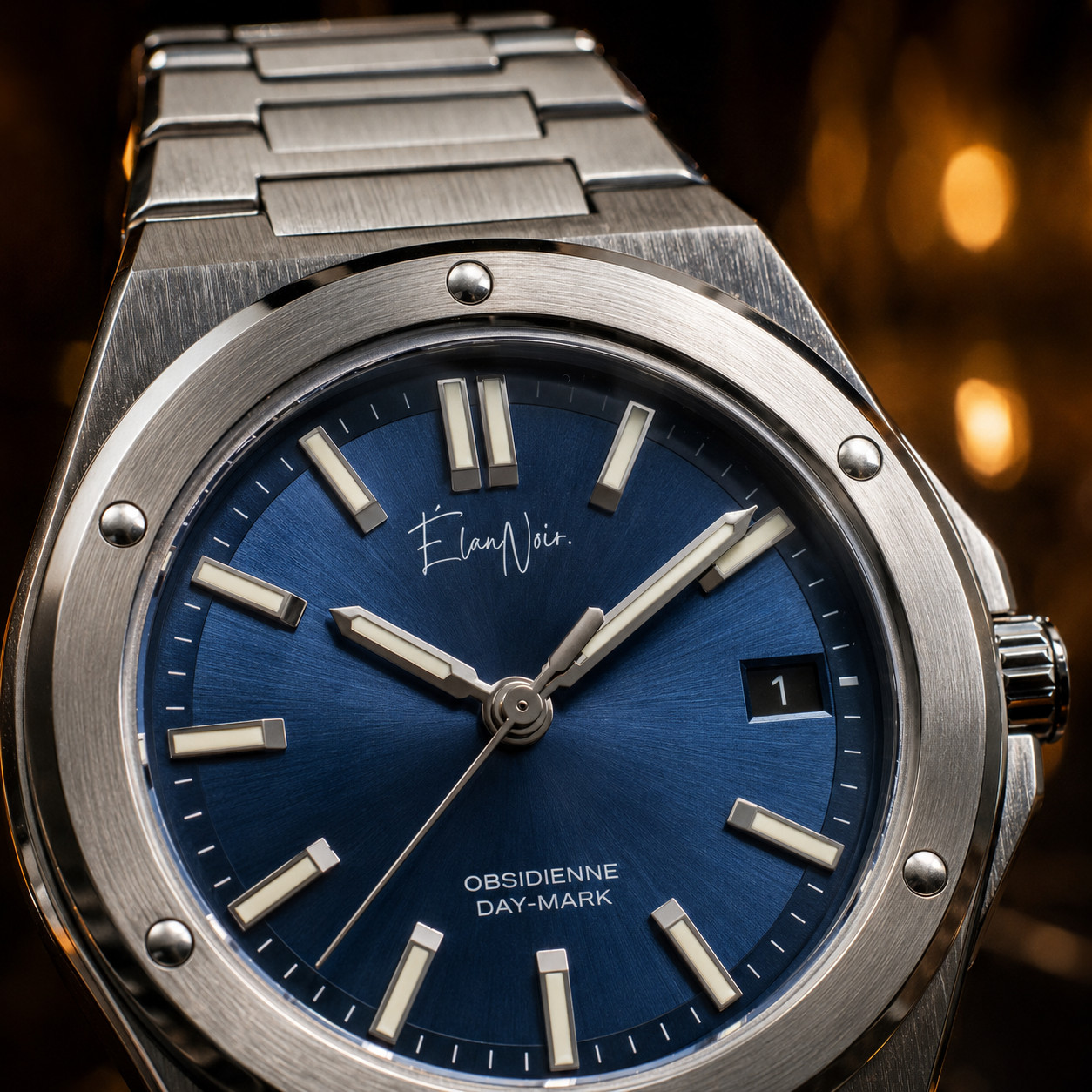 Custom Élan Noir Day-Mark Auto NH35 Watch Navy Dial Sapphire Glass Steel 41mm