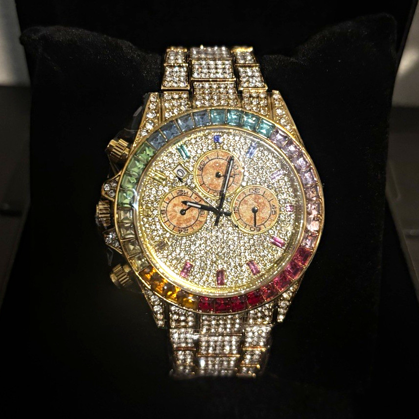 Gold Tone Iced Out Chronograph Analog Wristwatch Metal Bracelet Stick Indexes