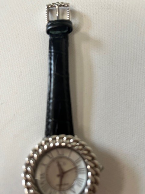 Ecclissi Sterling Silver Watch with Black Leather Band Mother of Pearl Face