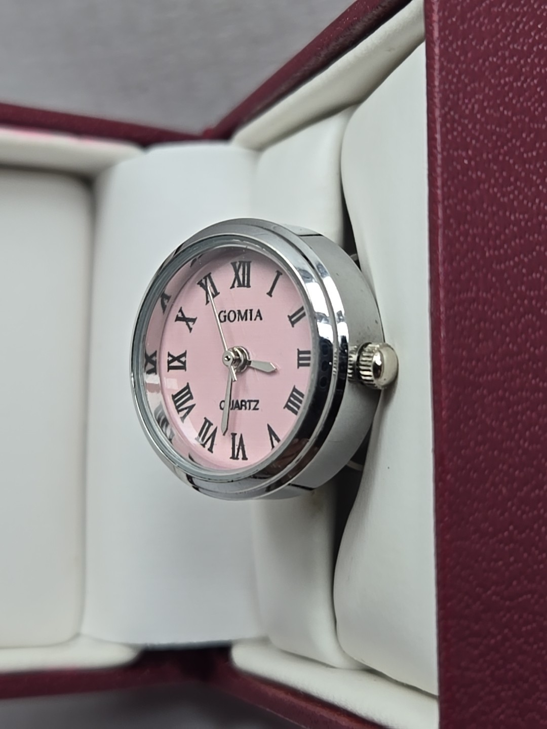 Gomia Pink Dial Ring Watch Roman Numerals Silver Stretch Band New Battery Ladies