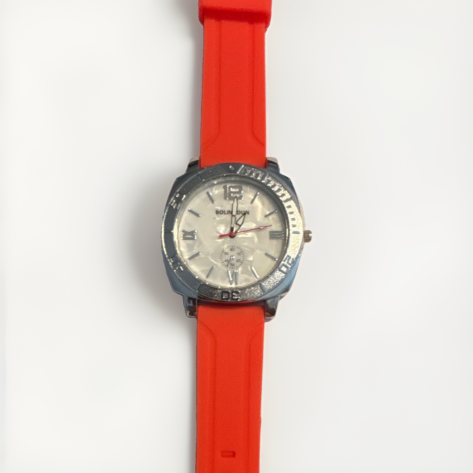 Bolun Women’s Quartz Analog 36mm White Dial Roman Silver Case Red Rubber