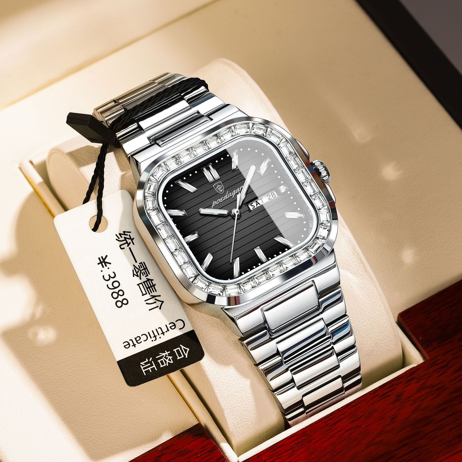 POEDAGAR Men Business Watch Stainless Steel Day Date Luminous Waterproof Quartz