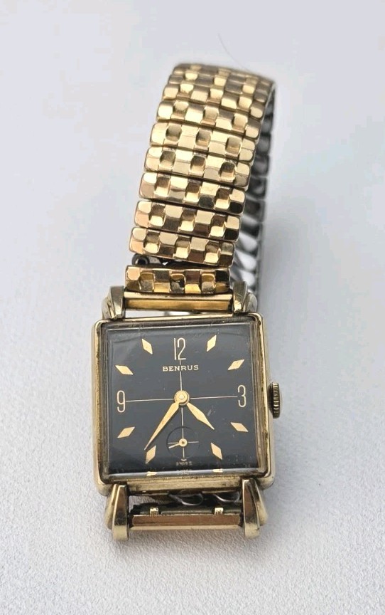 Benrus Vintage 1940s Manual Wind Rectangular Dress Watch Black Dial Gold