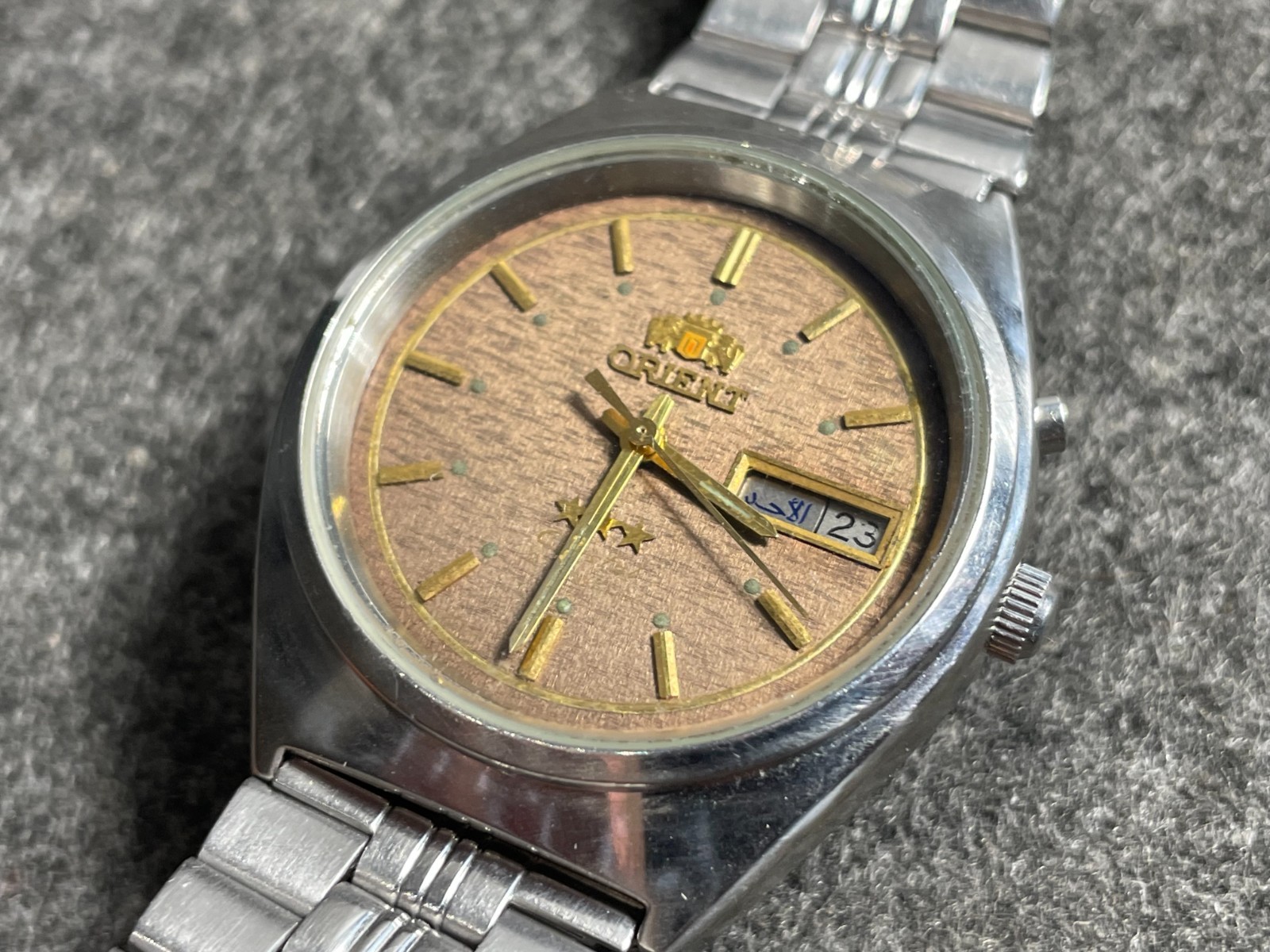 Orient 3 stars stainless steel automatic wristwatch brown dial Japan Cal.4694
