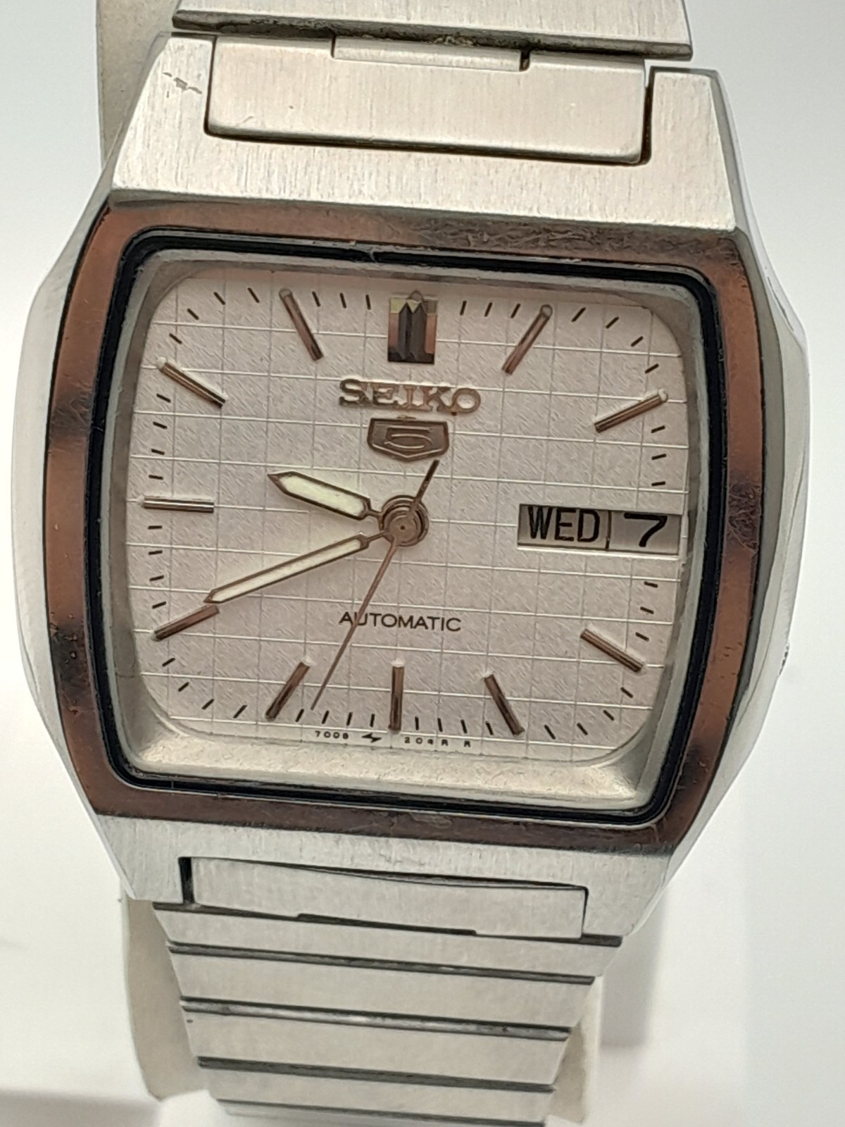 Vintage Seiko 5 Automatic 7019-8180 Men’s Day Date Silver Dial Japan Watch