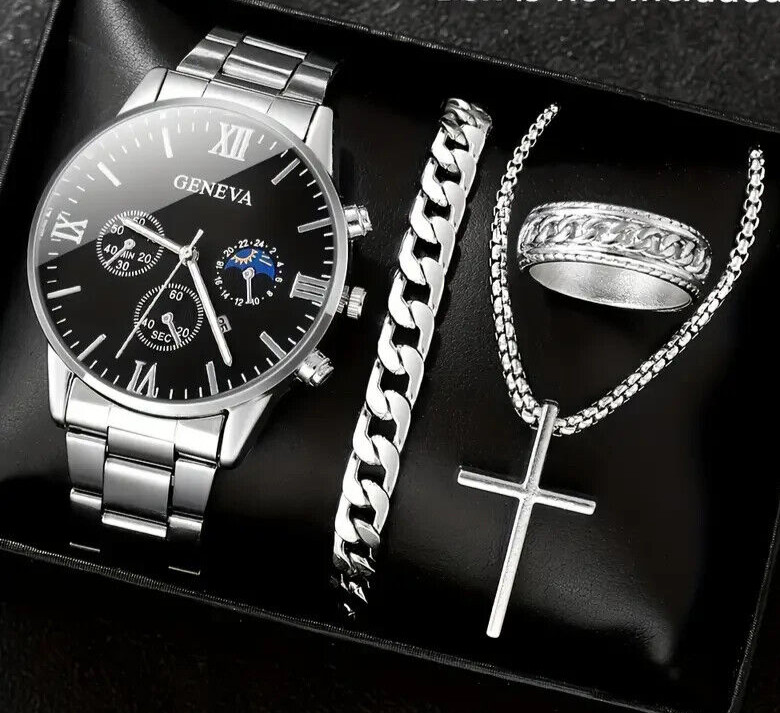 4Pcs Set Fashion Silvery Quartz Watch Cross Necklace Bracelet Ring Mens Gift New