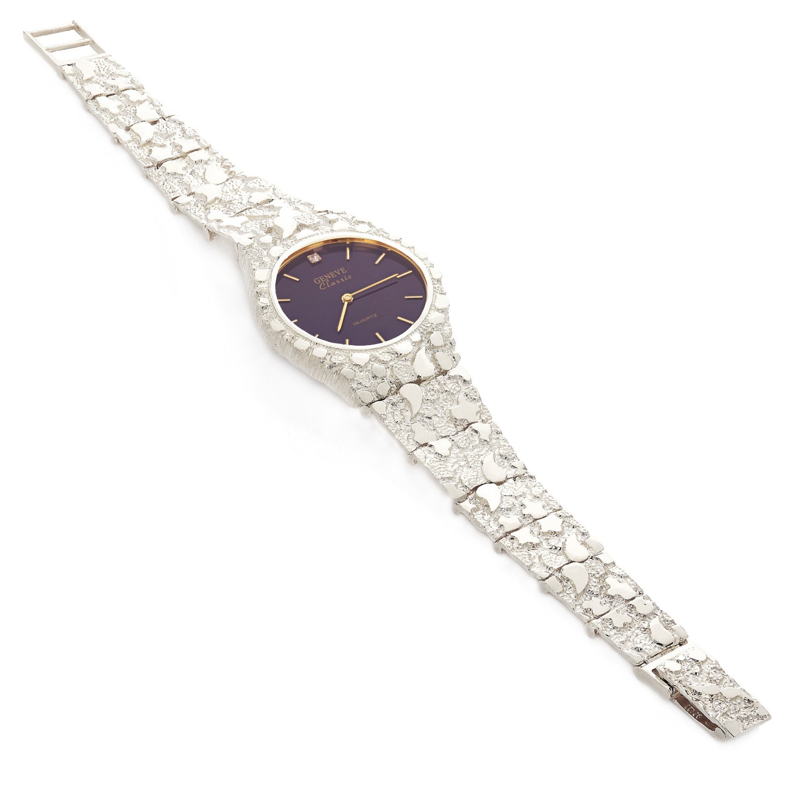 Sterling Silver Nugget Wrist Watch with Geneve Watch with Diamonds 7″ 42 grams