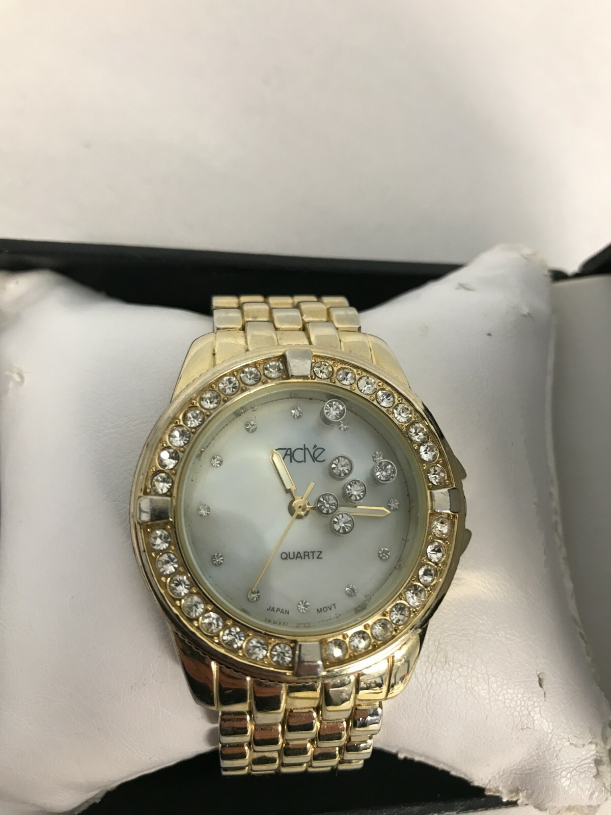 CACHE QUARTZ MOTHER OF PEARL with “FLOATING” RHINESTONE FACE WATCH ~ WORKS w BOX