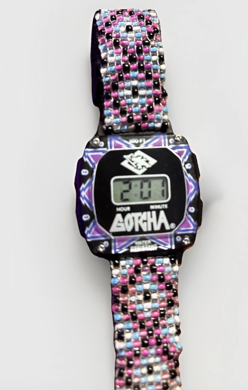 Vtg GOTCHA DIgital Watch 80s Orig Purple Beaded Band Works Tested
