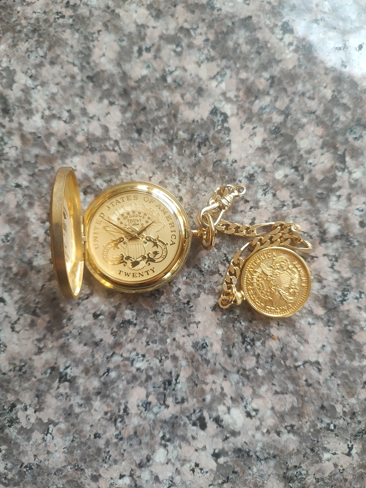 United States of America Pocket Watch Twenty Dollar Gold Tone Coin and Chain
