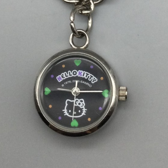 Hello Kitty Sanrio Watch Womens 21mm Silver Tone Black Dial Charm Bracelet 7.75″