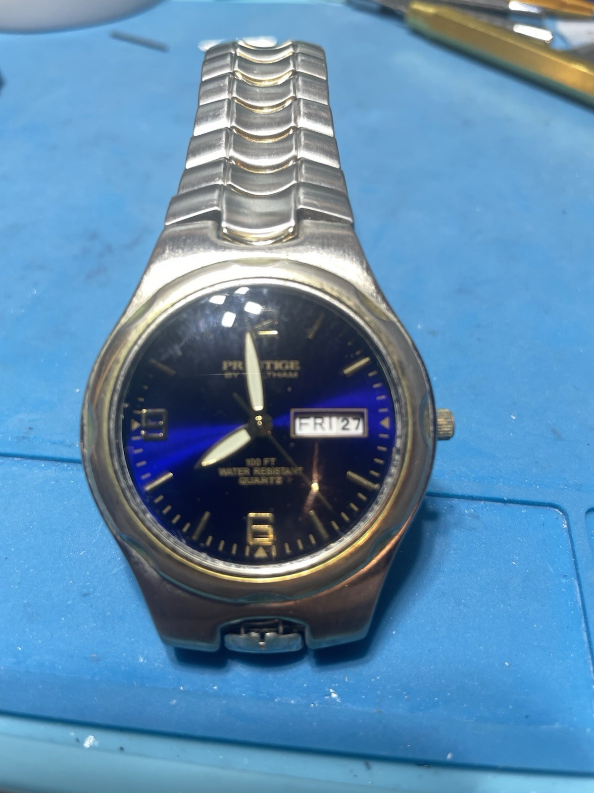 Prestige by Waltham Quartz Watch Blue Dial Speidel Stretch Band New Battery