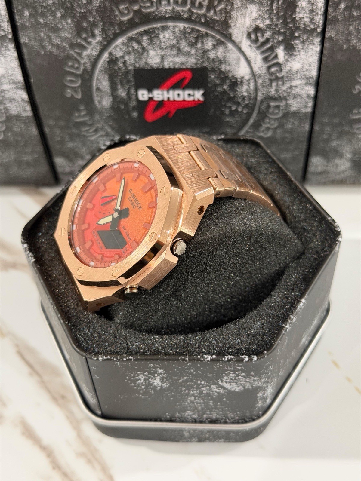 Casio GA-2100 G-Shock Watch – Sandblasted Metal Case Mod – Orange Dial