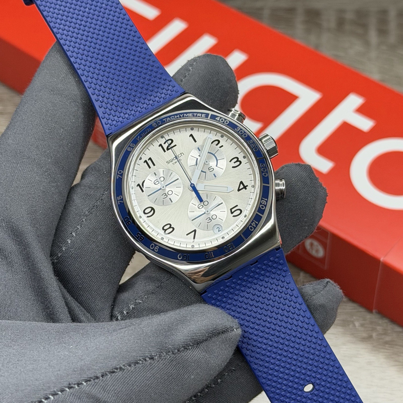 NEW✅ Swatch Irony FRESCOAZUL Chronograph Blue Silicone Steel Men’s Watch YVS439