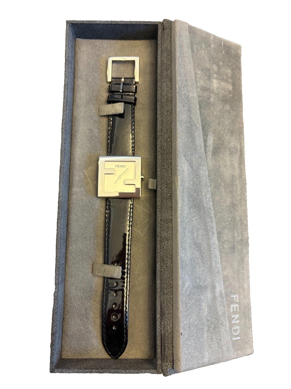 Fendi Orologi Swiss Made Quartz Square Analog Watch Black Leather Strap Box