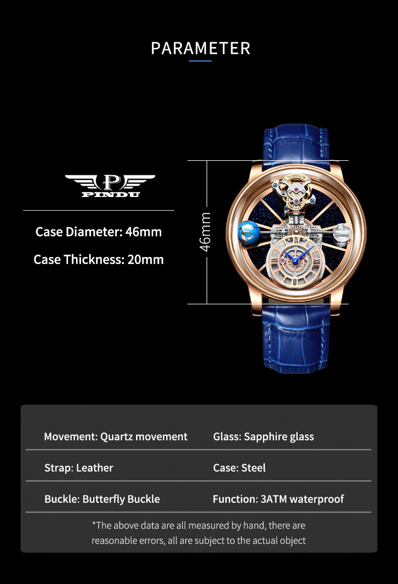 2023 PINDU Design Luxury Men’s Quartz Watch Diamond Tourbillon 3Bar Astronomi