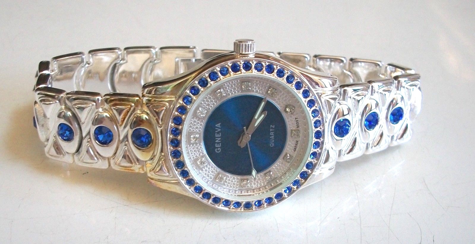 Men’s bling clear, blue & silver finish dressy fashion watch