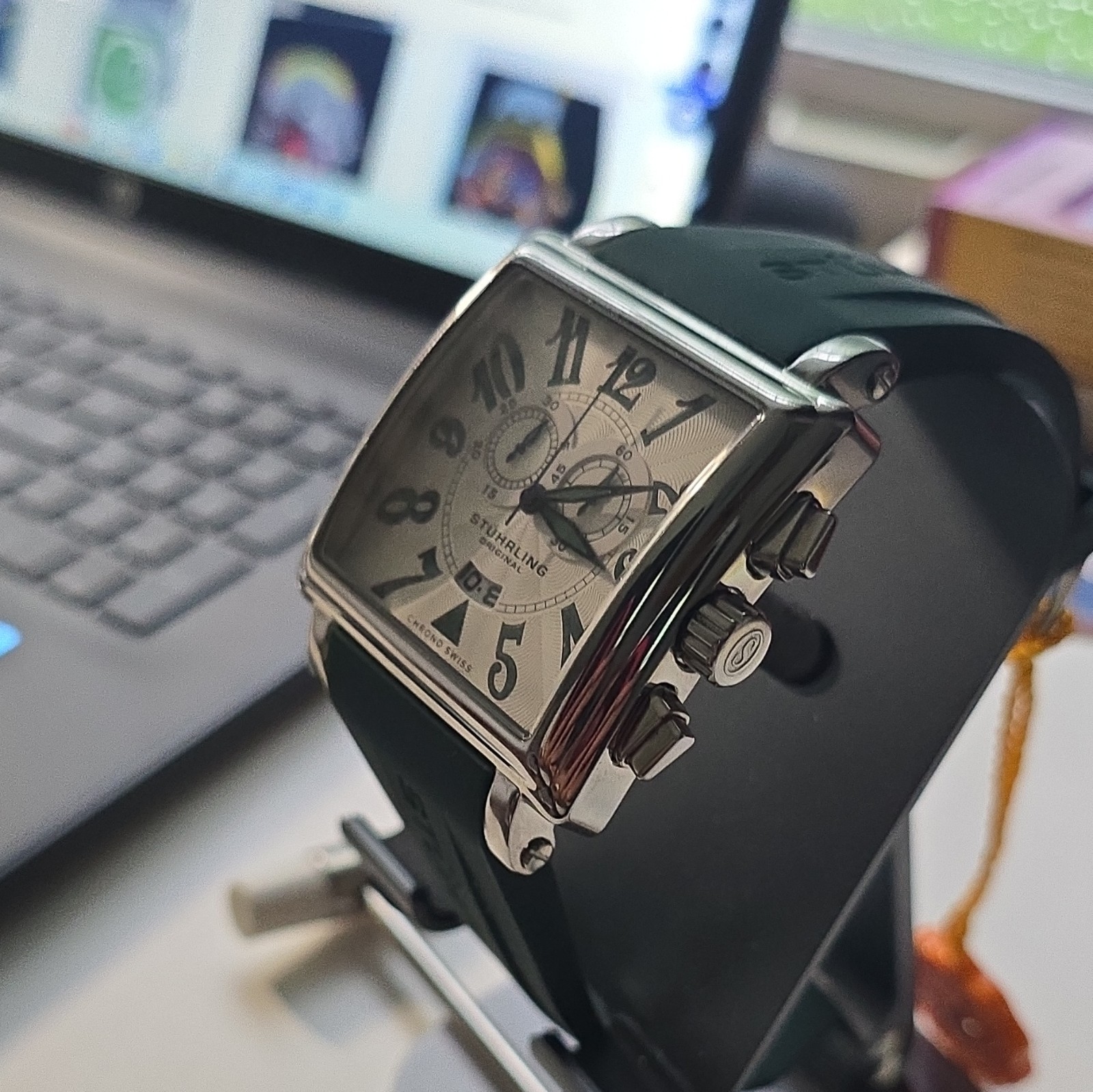 Stührling Original Square Quartz Chronograph Watch Silver SS Green Rubber 47 mm.