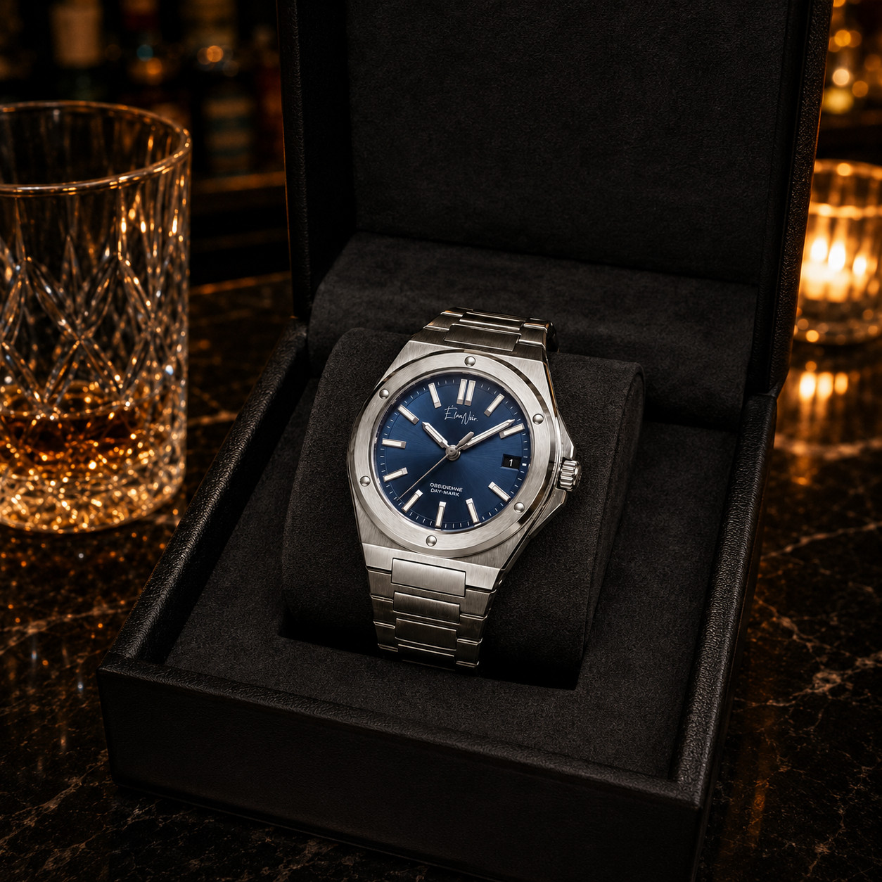 Custom Élan Noir Day-Mark Auto NH35 Watch Navy Dial Sapphire Glass Steel 41mm