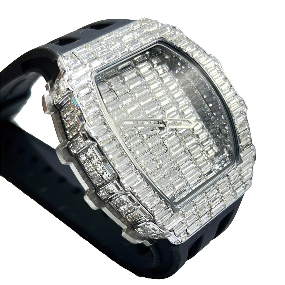 Fashion Tonneau Diamond Bling Men’s Watch Waterproof Rubber Band Gift