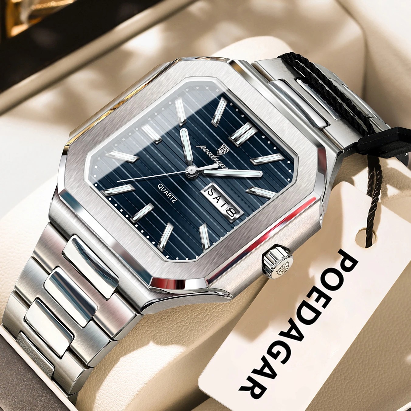 Luxury Men’s Watch Square Stainless Steel Waterproof Luminous Date Week