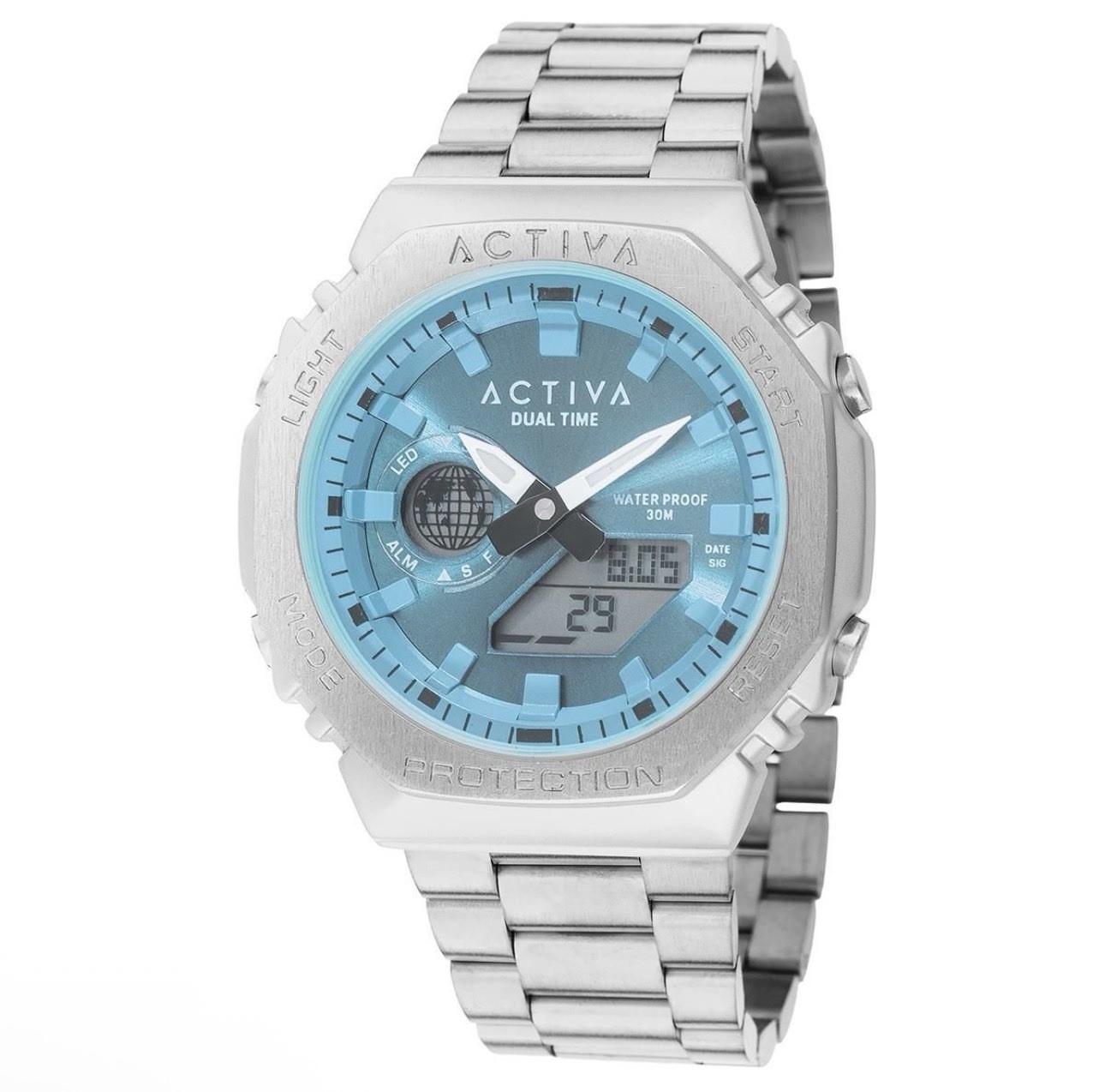 Activa Sonar X Invictq Watch- 45.5mm, Blue Dial, SS Case & Band ACWM423-003