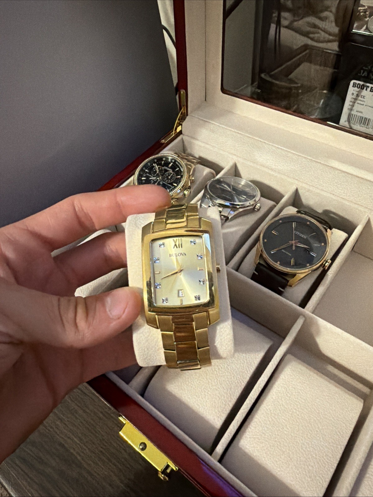 BULOVA MENS QUADRA GOLD DIAMONDS RECTANGLE CHAMPAGNE DIAL WATCH 97D120*