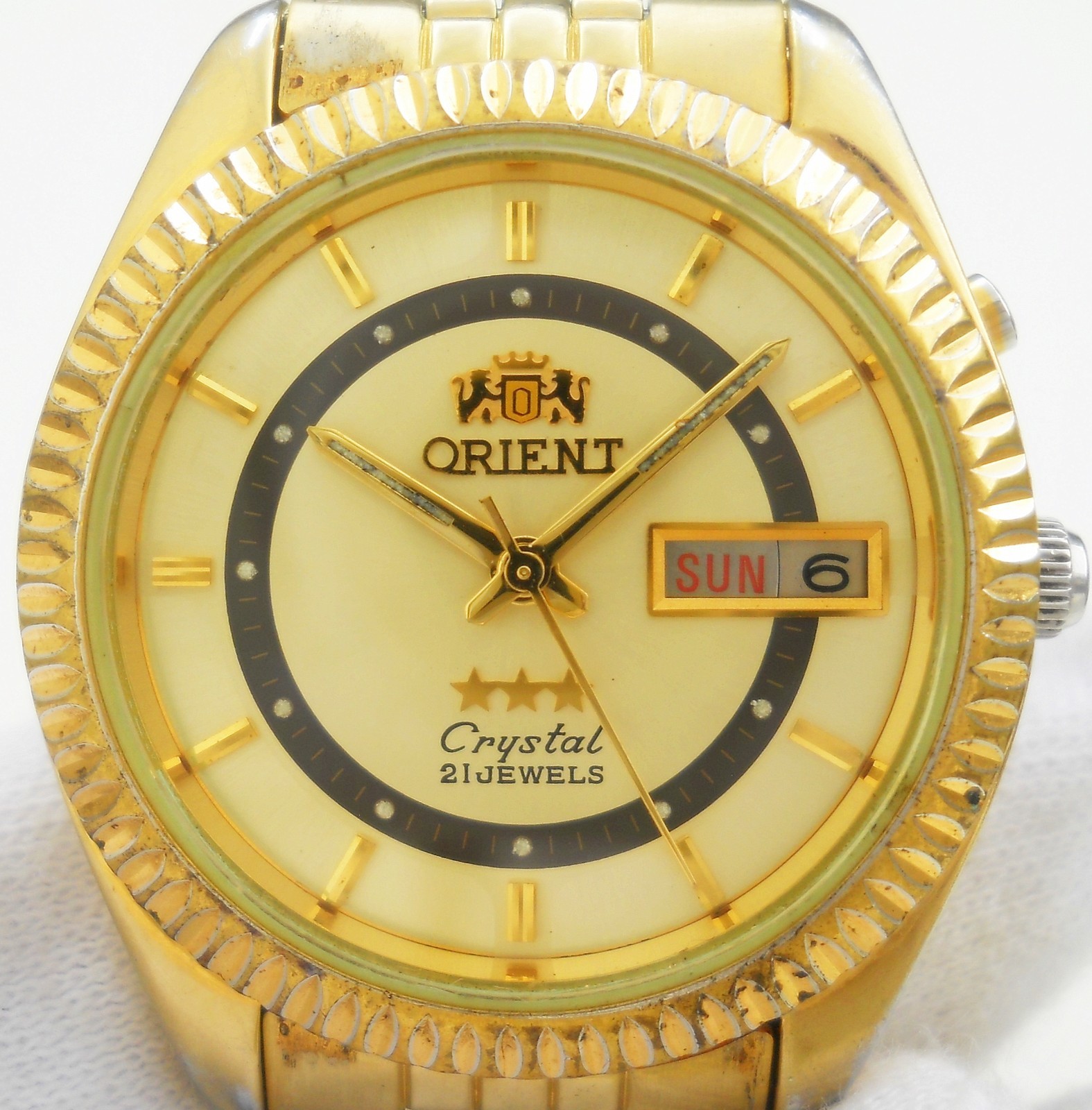 Vintage Orient 3 Star Crystal Gold Sunburst Dial Watch 21 Jewels Fluted Bezel