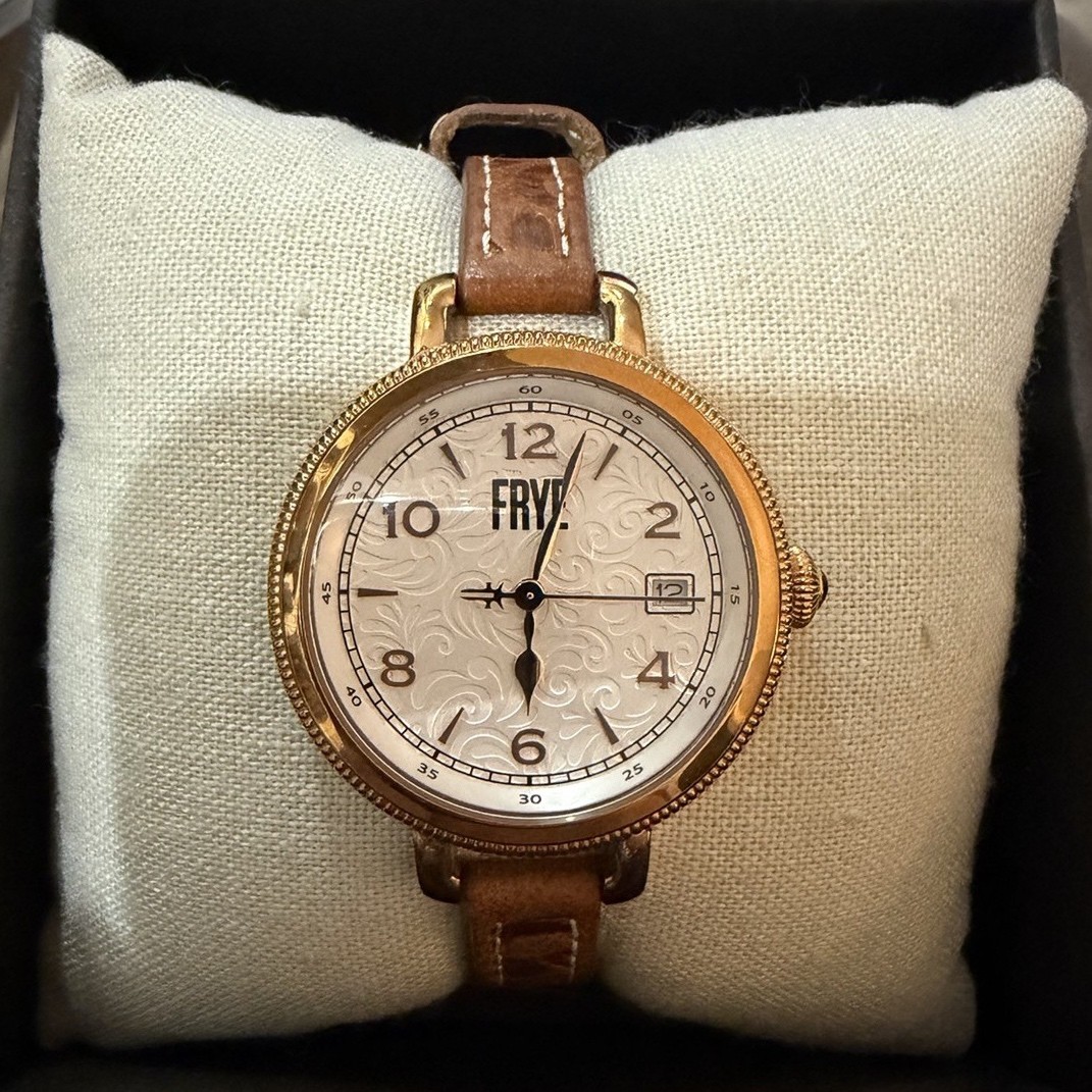 Frye Women’s Analog Quartz Watch Brown Leather Strap Gold-Tone Case Date