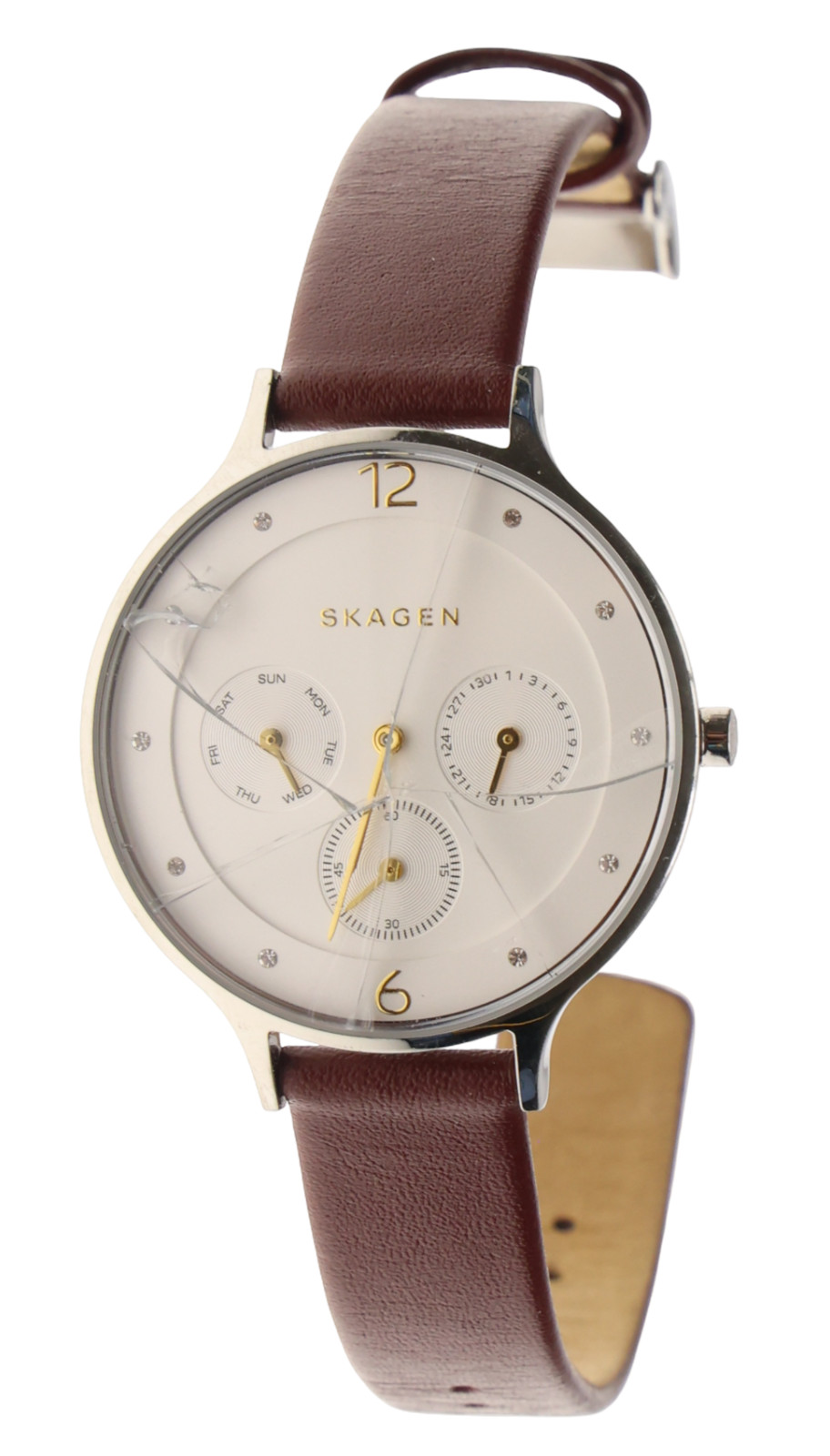 Skagen Anita SKW2394 Silver Crystal Burgundy Leather Strap Watch 36mm F1203