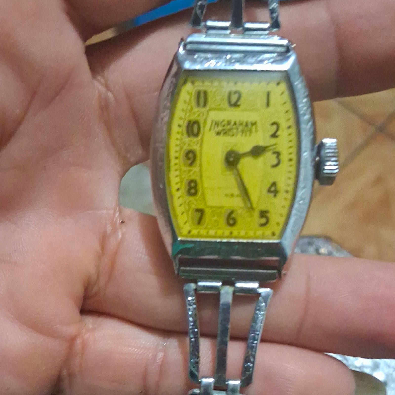 Ingraham Wrist-Fit Manual Mechanical 7J Yellow Dial Silver Tonneau Watch