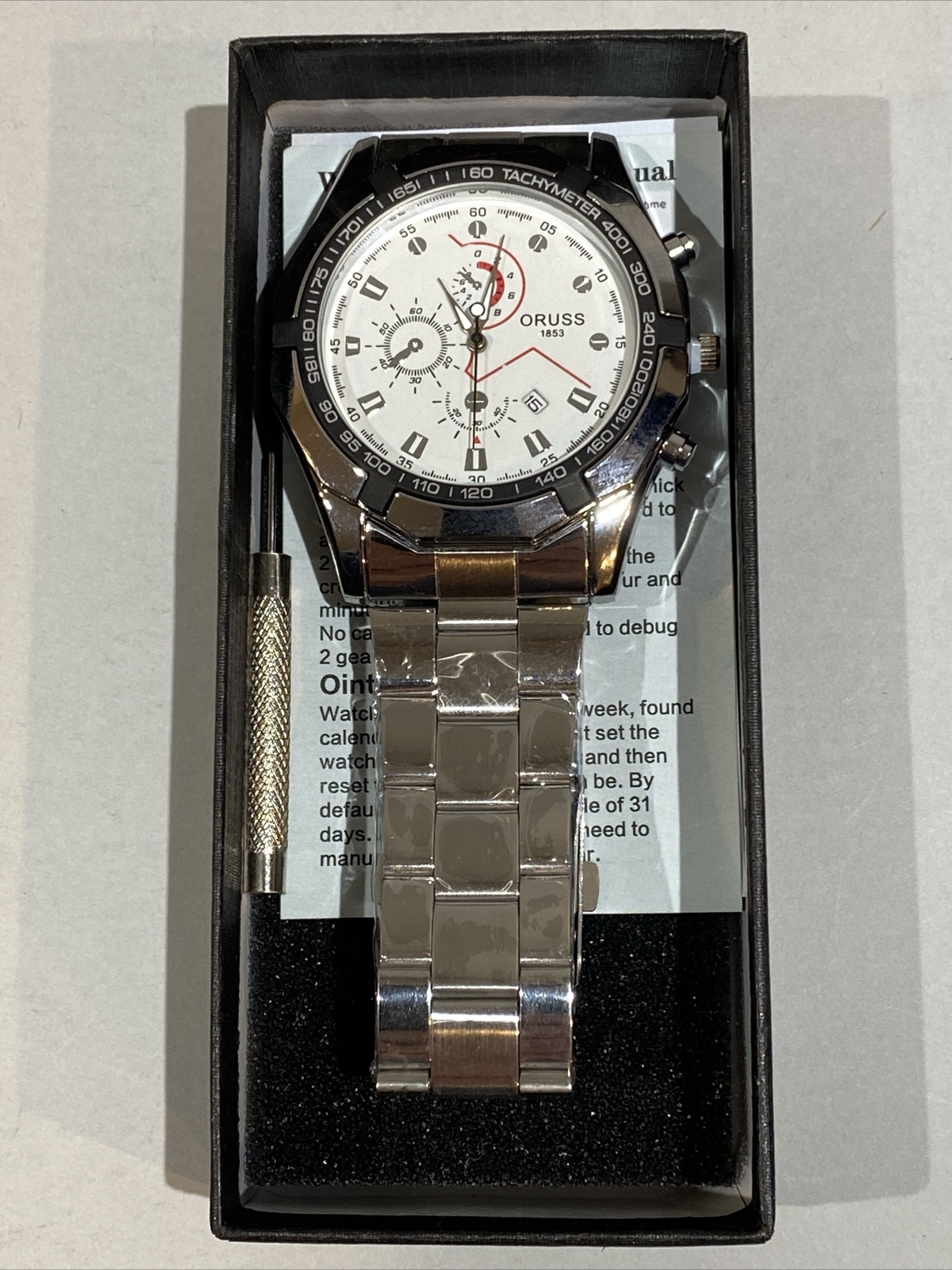 Mens Oruss 1853 Round Silver Tone White Bezel Date Analog Quartz Watch NEW!