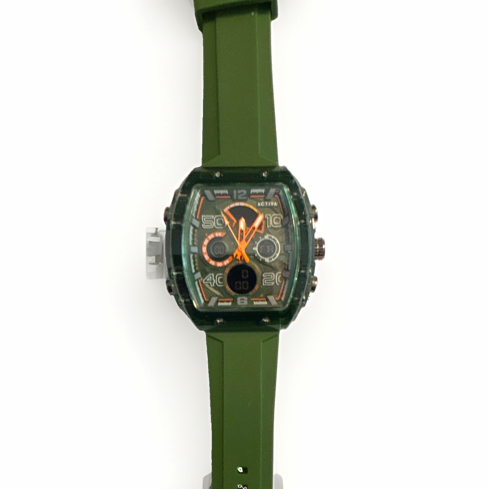 Activa Men Quartz Analog Chronograph Date Black Dial Green Silicone Strap 3ATM