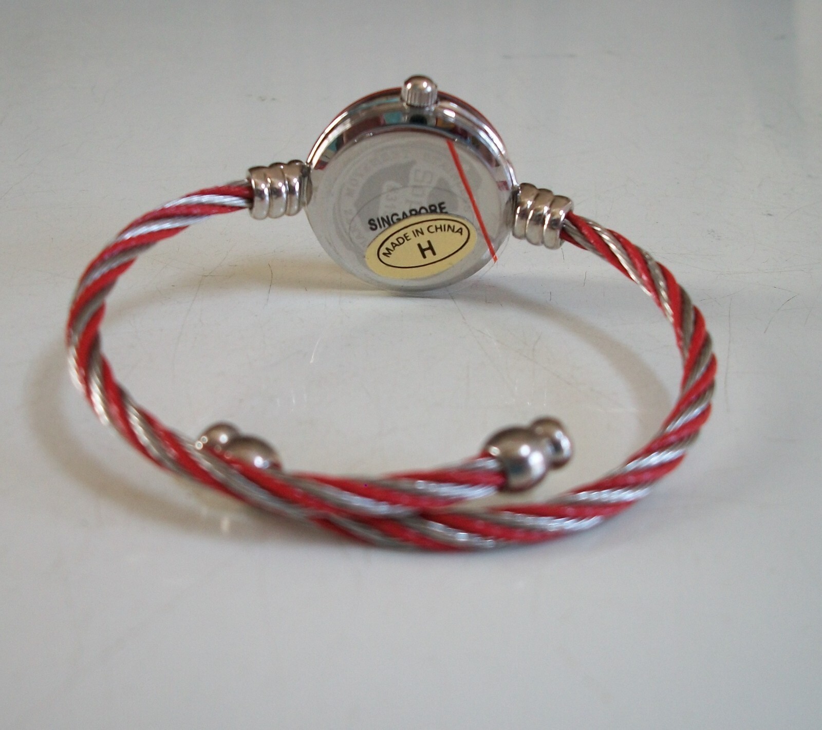 Women’s Red & Silver Cable Band Black Gold Number Dial Bangle Cuff Fashion Watch