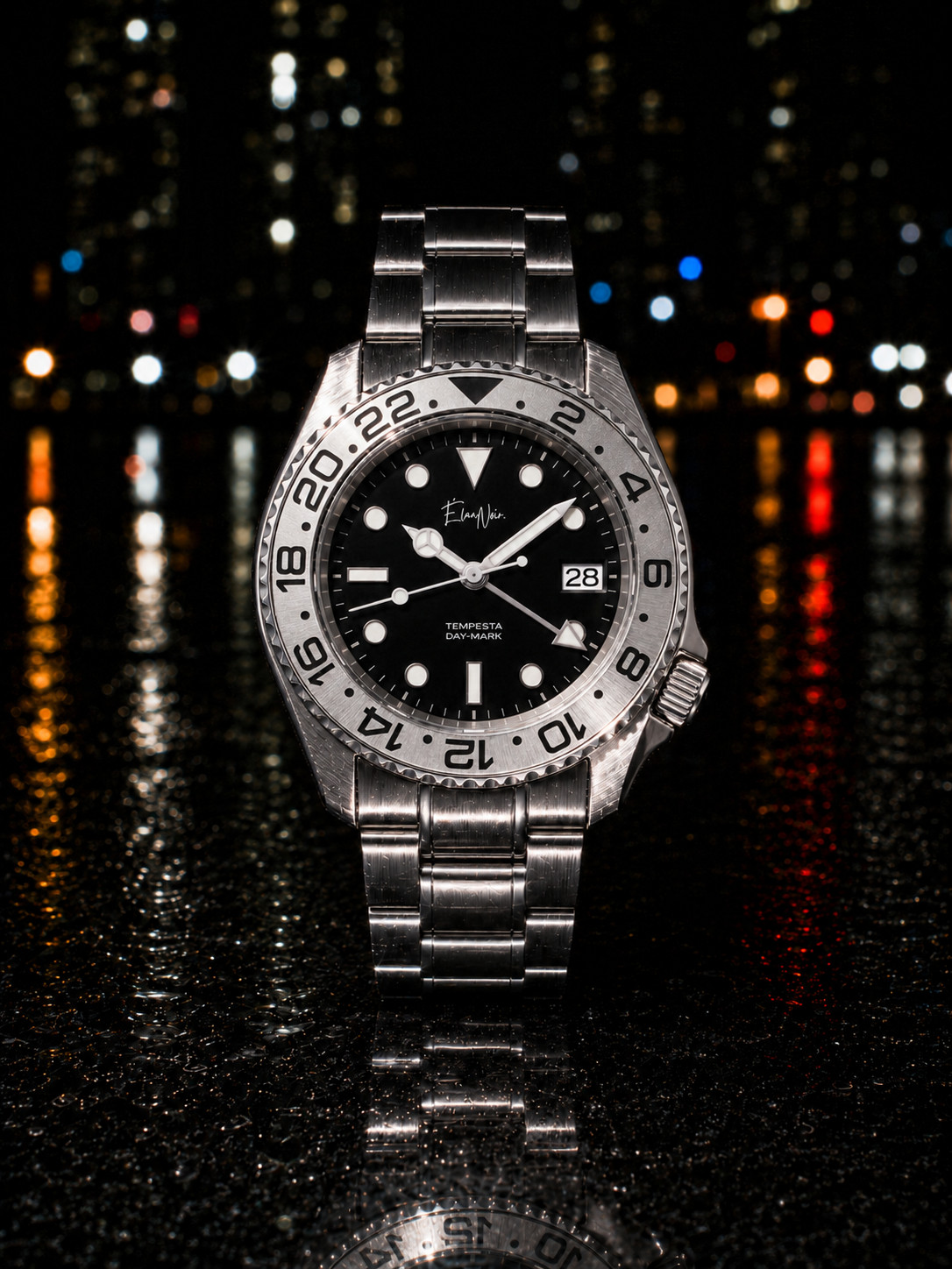 Élan Noir Tempesta GMT Automatic Men’s Watch 41mm Steel Black Dial Silver Bezel