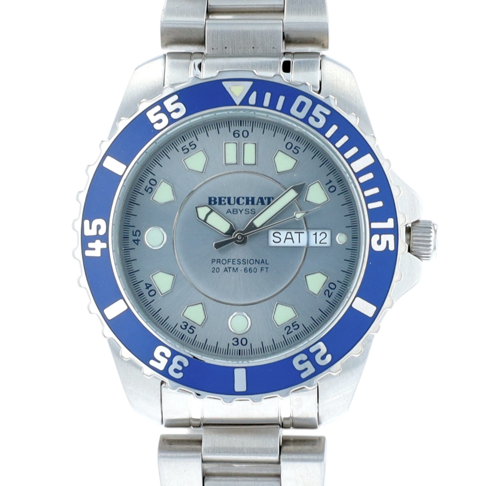 Beuchat Abyss Professional Mens Gray Blue Watch 200M Swiss Diver Steel Day Date