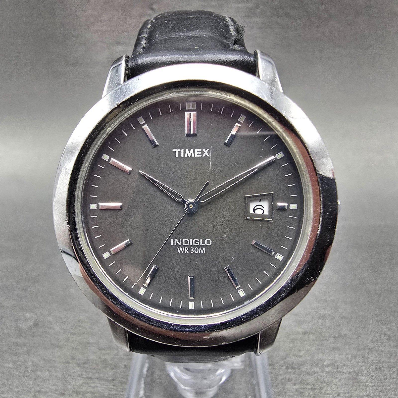 Timex Indiglo Watch Men 37mm Gray Dial Silver Tone Date Round New Battery