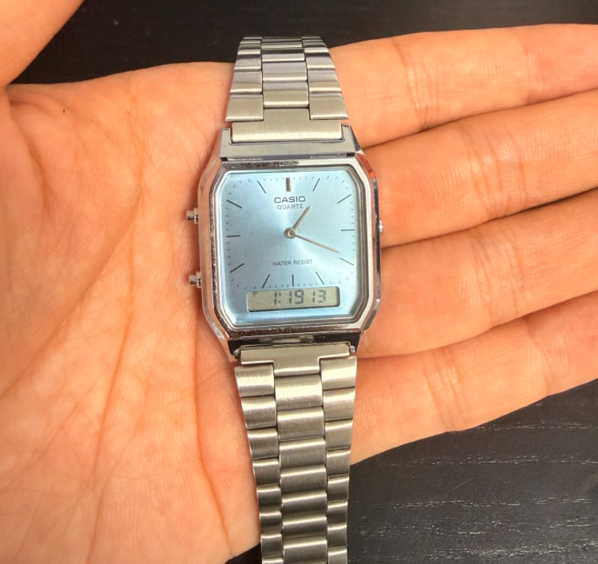 Casio AQ-230A-2A1MQY Analog Square Unisex Light Blue Steel Band WR Quartz Watch