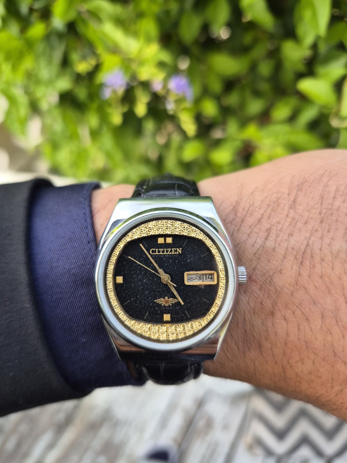 Citizen Automatic 21J E7 Vintage Black/Gold Dial Day/Date SS Case Leather Strap